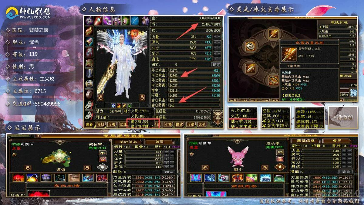 移动粉丝团：6655三修5神增伤会心流火武当.纹刻.精绘5.5随时升6.大宝剑.冰河.银背饰.幻视时装全齐.42.6W+血.5.3W+内功.5.3W+命中.428会心.245会防那个。裸面板