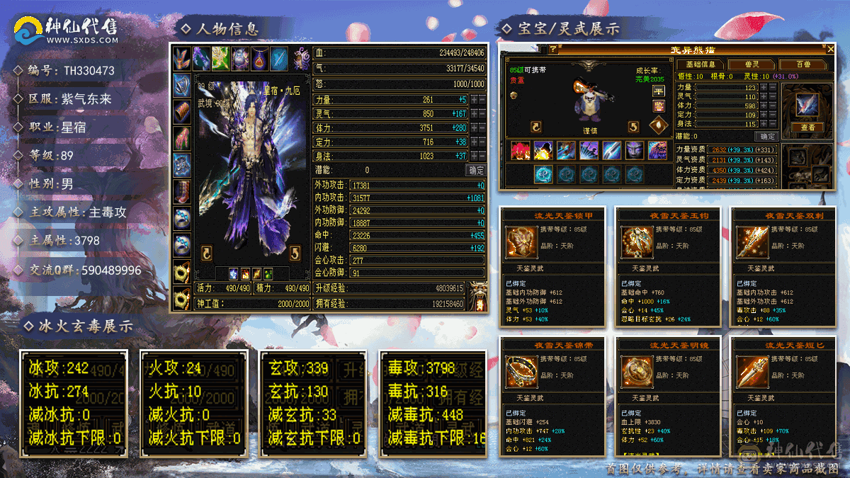 满4带5卡级星宿，带永久金乌坐骑，北辰剑匣，3件背饰，3件幻视武器，带双10宝宝