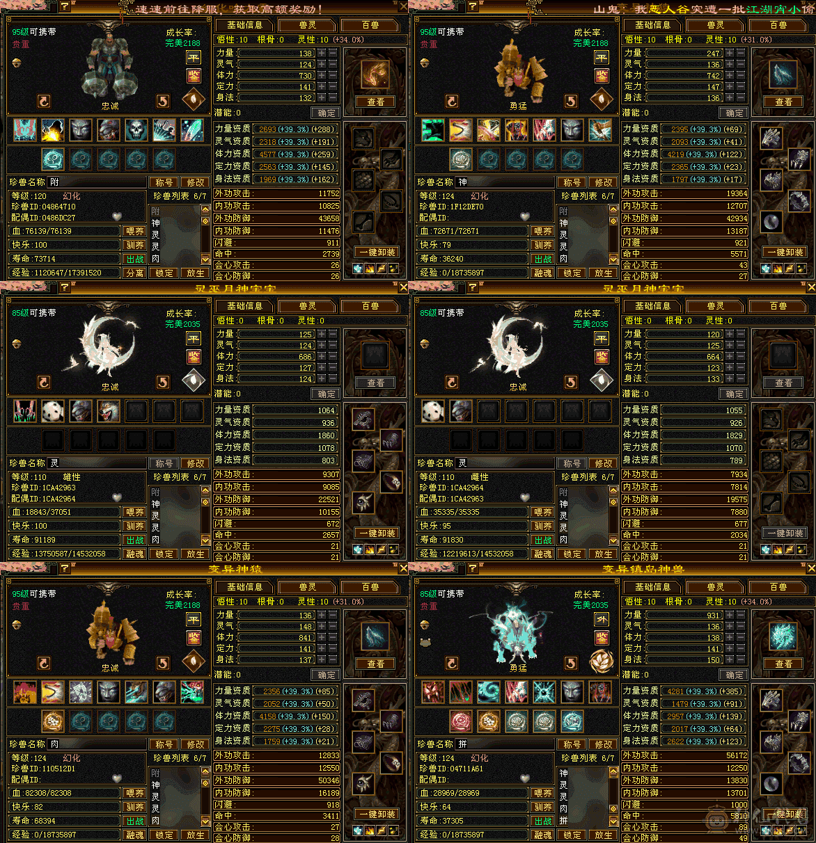 满5高会心，暗器护体后血量43W。带拼命10和三个双10宝宝。一个拼10就3W元宝了。主要强化都9，打骨折销售了。