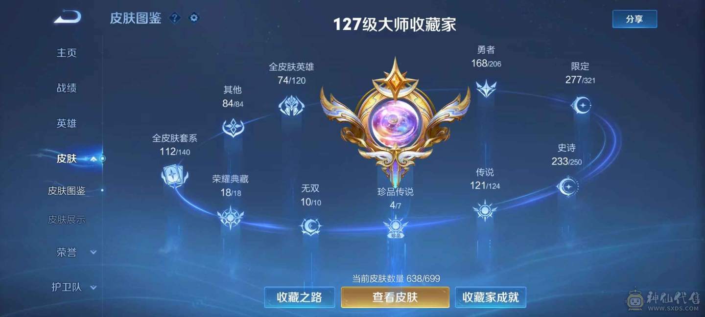 王者无双贵族638个皮肤 ，十无双 18典藏 ，王者营地 2117689785， 王者多个天幕，各种按键齐全，特效拉满，各种星传说，小兵皮肤有。马上保底拿第21个水晶，出新的也不用充钱，累计95.7万积分，抽奖碎片315，只缺赛季皮，极品皮肤都有，灵宝亲密度15万。 地下城累氪11万，两C两辅，武神
