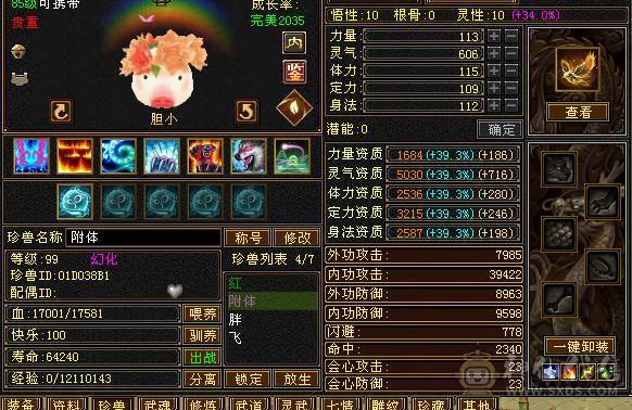 细节武当。带双十附体。4个宝宝。主要装备强化9.高内功 高会心。高属性。打人。1.3 1.4 