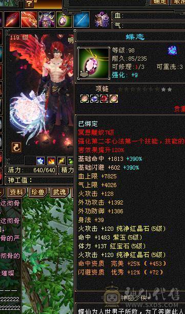 119明教5338属性 细节打造，高命中面板，随时打造就47玩血，工作出差无法继续升级了； 红晶石马上合出来6级。
