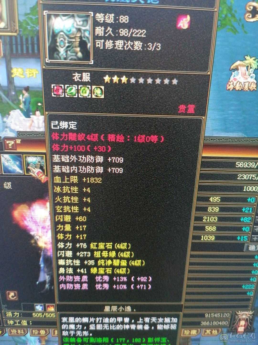 出满4火逍遥，防具闪避四孔身法都上满了，生活技能9矿两只双10宝宝，东西都两千多了