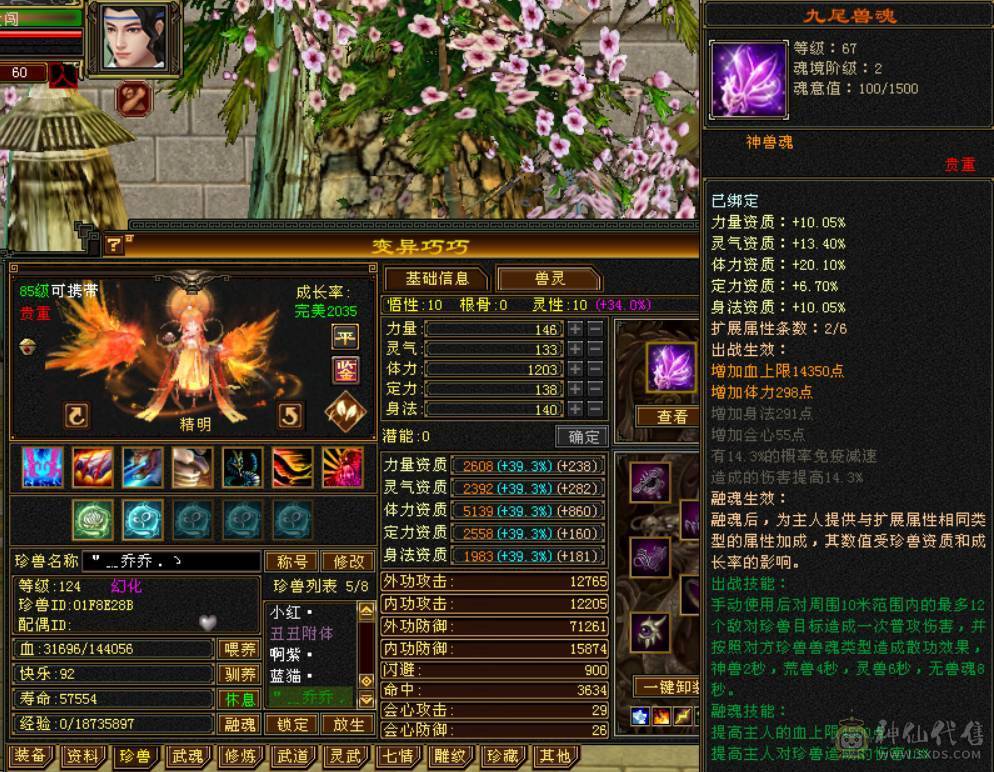 绝对不一样的漂亮峨眉，45W血高属性会心会防血量，5级神兽魂完美满级，超多漂亮时装