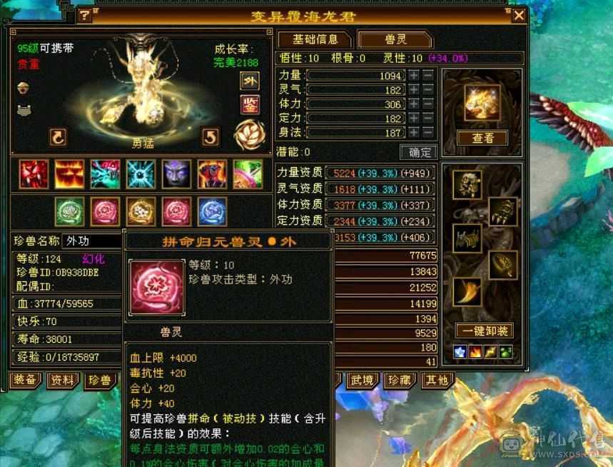顶级6带7级～赤兔坐骑～冰玄毒～无敌丹～三修星宿～10级拼命金龙。5个10级兽灵 灵动体凤凰。