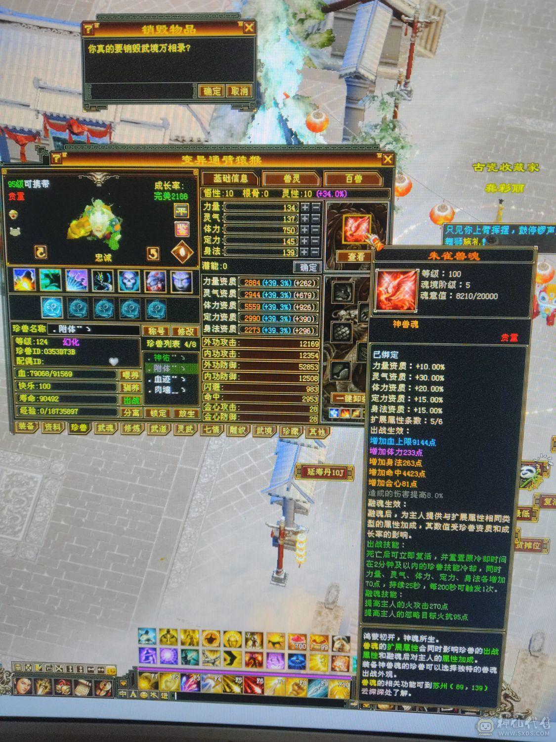 昆仑雪猿6级火天龙裸资6895四修，总属性1.1万，大完美武魂，身上灵武也值个几千！