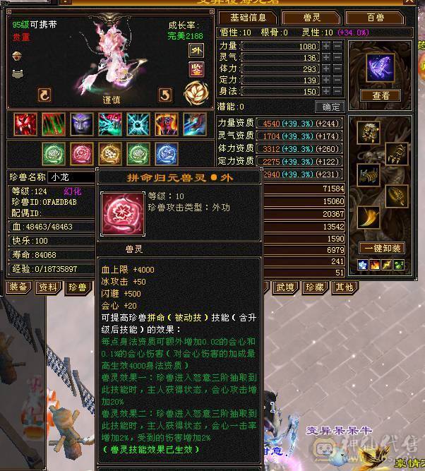 邀月推荐精品满六天山伤害爆炸 永久坐骑金乌，吃药7628属，兽灵拼命10级，灵动10级