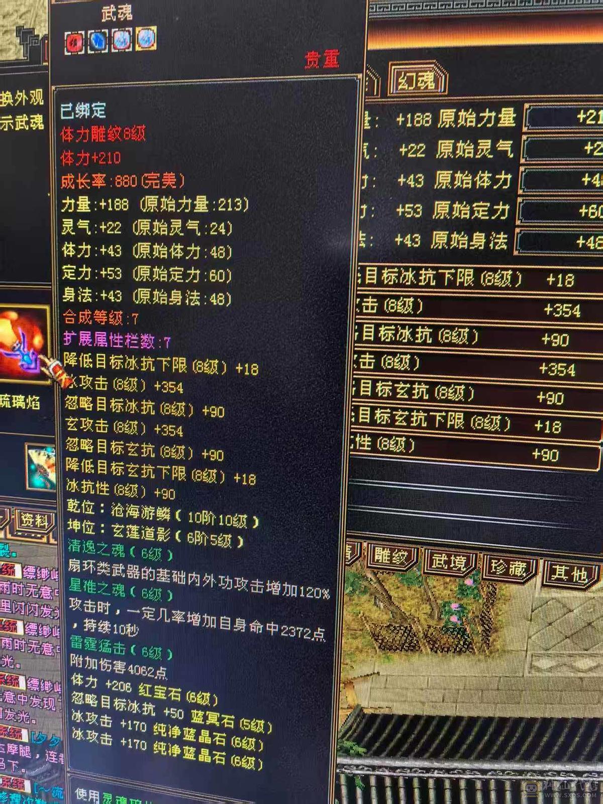 极品细节天山高会心，高命中，7891冰属，1203玄攻，带3个51灵，（95顶变打龟、顶变红魔、顶变万事魂）1个59灵（顶变高资金龙），前排物品店，永久翅膀，多套时装，双10盟会，极品五阶青龙