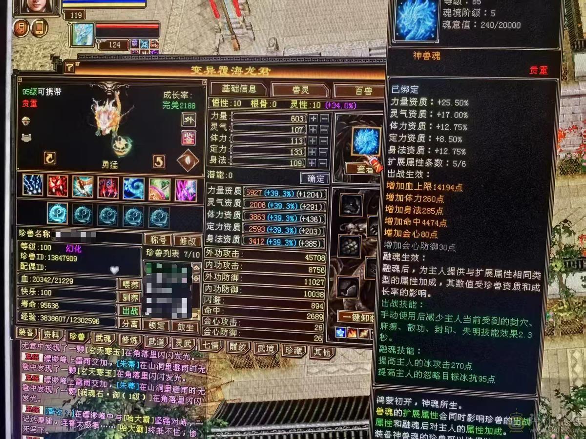 极品细节天山高会心，高命中，7891冰属，1203玄攻，带3个51灵，（95顶变打龟、顶变红魔、顶变万事魂）1个59灵（顶变高资金龙），前排物品店，永久翅膀，多套时装，双10盟会，极品五阶青龙