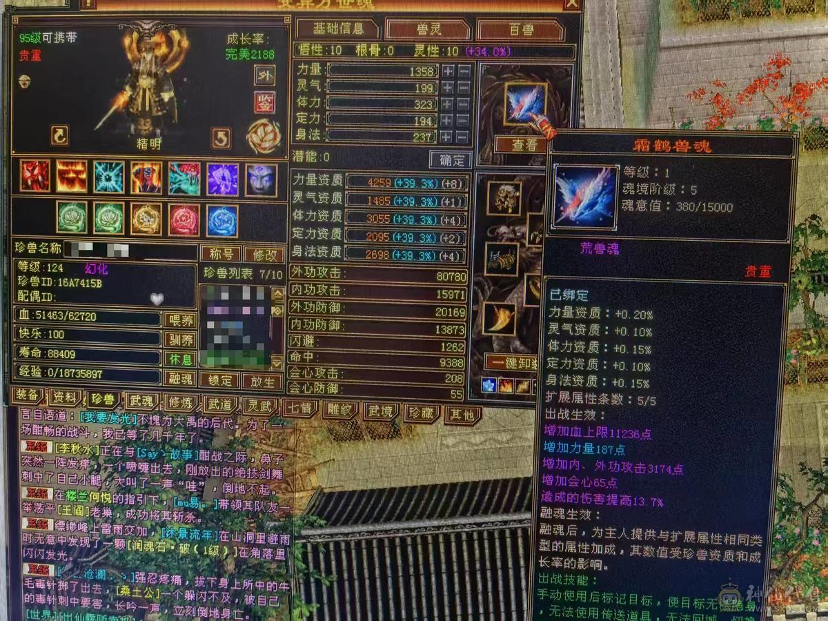 极品细节天山高会心，高命中，7891冰属，1203玄攻，带3个51灵，（95顶变打龟、顶变红魔、顶变万事魂）1个59灵（顶变高资金龙），前排物品店，永久翅膀，多套时装，双10盟会，极品五阶青龙