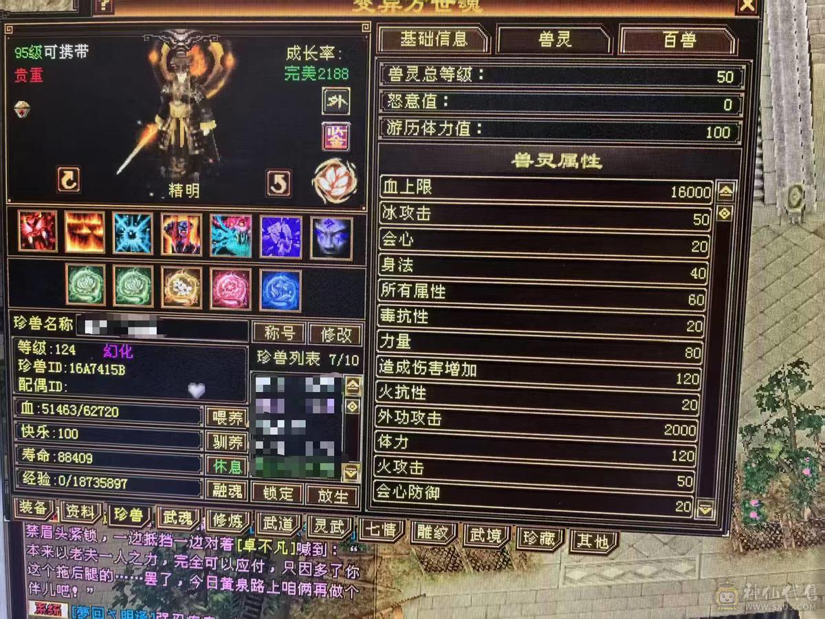 极品细节天山高会心，高命中，7891冰属，1203玄攻，带3个51灵，（95顶变打龟、顶变红魔、顶变万事魂）1个59灵（顶变高资金龙），前排物品店，永久翅膀，多套时装，双10盟会，极品五阶青龙