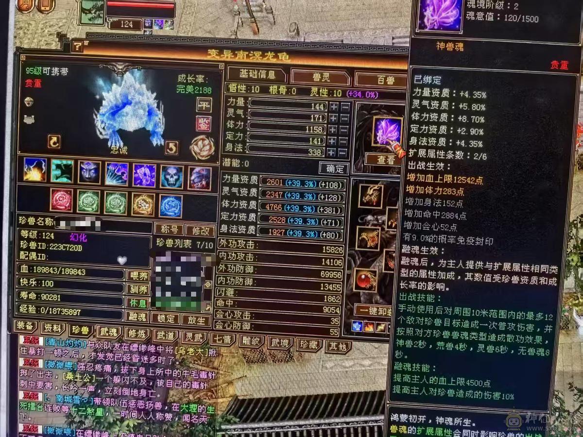 极品细节天山高会心，高命中，7891冰属，1203玄攻，带3个51灵，（95顶变打龟、顶变红魔、顶变万事魂）1个59灵（顶变高资金龙），前排物品店，永久翅膀，多套时装，双10盟会，极品五阶青龙