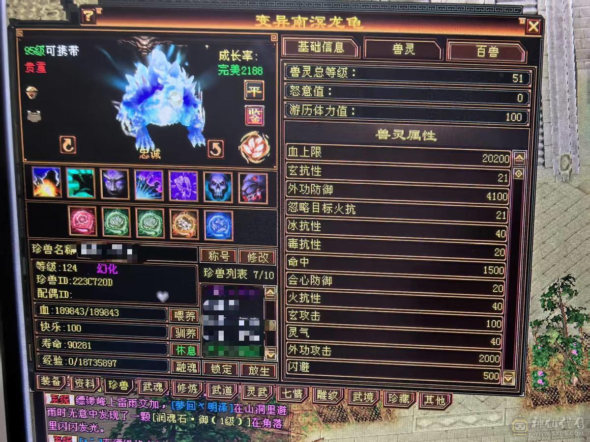 极品细节天山高会心，高命中，7891冰属，1203玄攻，带3个51灵，（95顶变打龟、顶变红魔、顶变万事魂）1个59灵（顶变高资金龙），前排物品店，永久翅膀，多套时装，双10盟会，极品五阶青龙