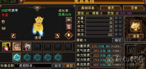 晚晚推荐：三修极限5满5满8雕，7级纹刻，极品装备灵武，7只双10宝宝，稀有时装四级配饰，红熊王，11个幻饰