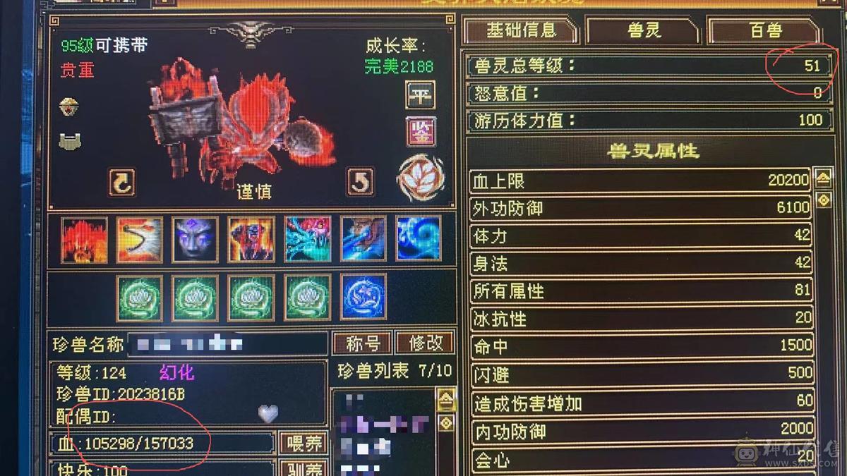 予予推荐：3个51灵，1个59灵，7只极品宝宝，6级细节身法天山、高会、高命、雕纹8-6、7672冰属（满状态8125），1263玄攻，前排物品店，永久翅膀，多套时装，双10盟会，极品五阶青龙，