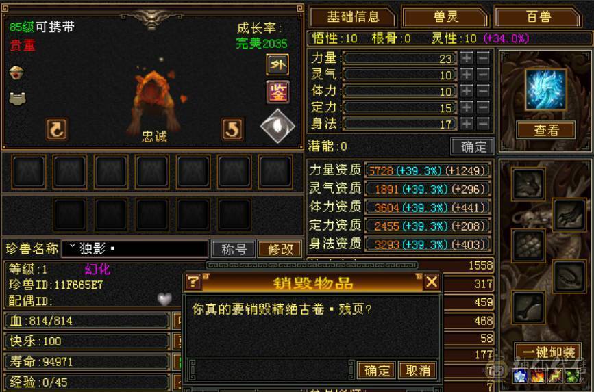 暴力武当，新雕文已更新，主属性6018，总属性8371，五阶神兽，带附体
