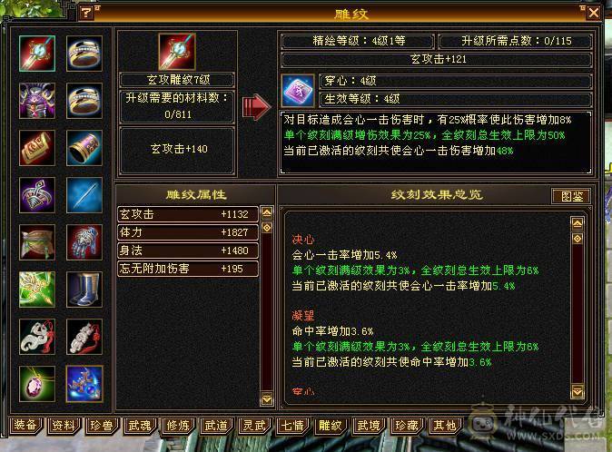 342会心 5.5W命中 5神 3个4级减抗 剩下都是5级 雕纹全部7+4以上 3级幻视 攻击件全部强化9 武道满 修炼满大背包 纹刻穿心4级 决心