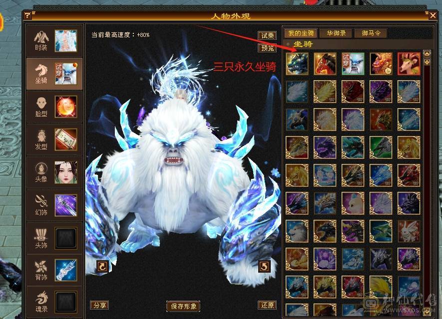 6神满6减带7极限三修星宿，火炕过千抗死所有火属性，精品时装多4级配饰、3级配饰多，老雕文9新雕文7，雪猿+麒麟+赤兔三坐骑，附体外观4个、各个稀有，好看到爆表